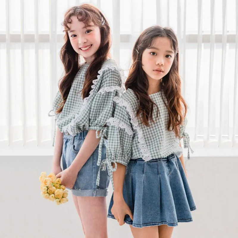 

DFXD Summer Korean Children Clothing Teen Girls Shirts Fashion Half Sleeve Plaid Lace Patchwork Princess Top Girls T-shirt 3-14Y