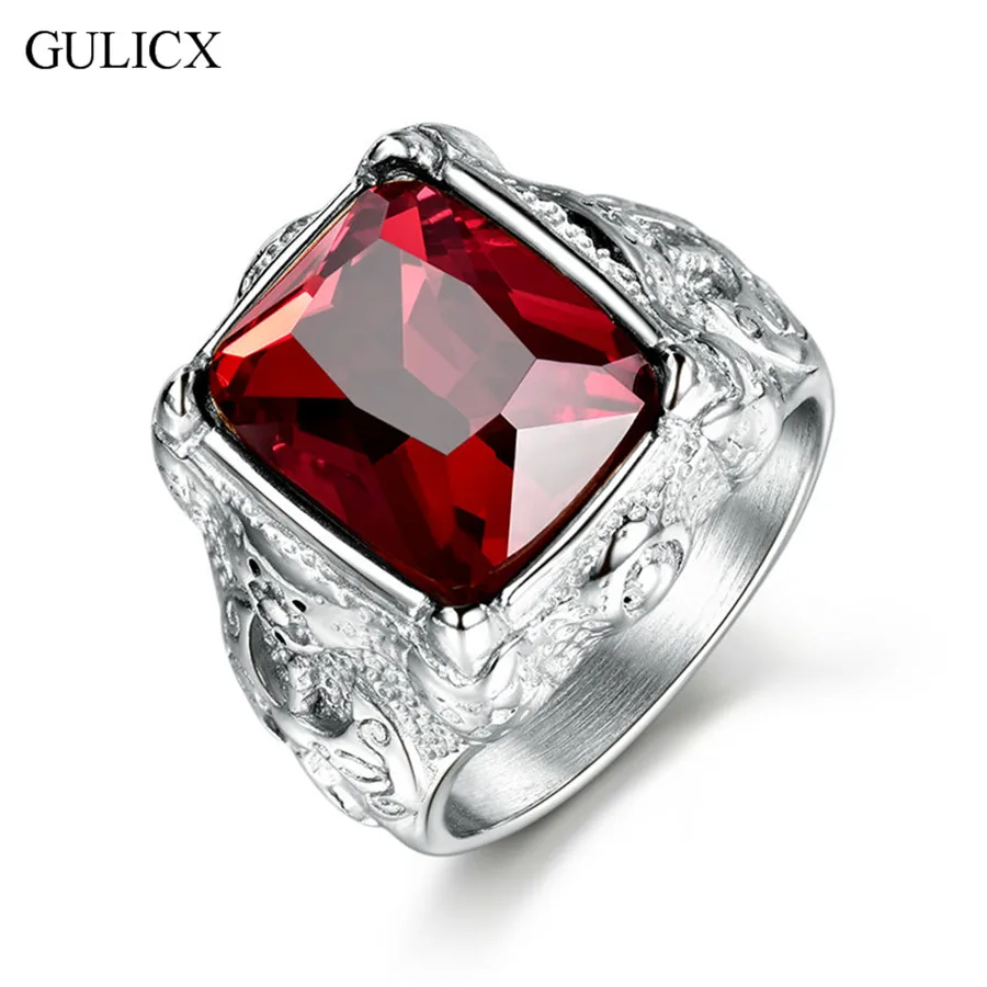 GULICX модное большое Золотое кольцо из нержавеющей стали для мужчин Панк гранат красный/черный принцесса огранка CZ Кристалл ювелирные изделия BR163 - Цвет основного камня: BR165
