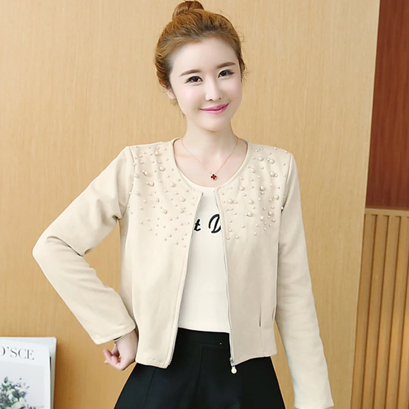 المرأة اللؤلؤ عالية الخصر الستر الخريف الكورية الصلبة س الرقبة سستة اقتصاص السترات النساء Causul أنيقة كم طويل معاطف