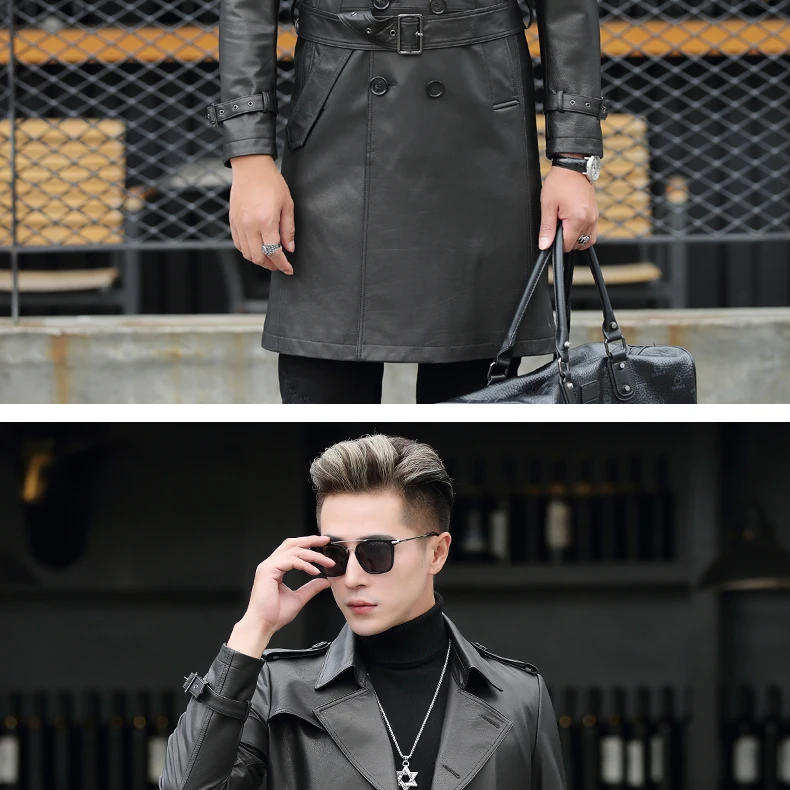 Sale VHO fashion casual natural real cow leather coats for men x-long double breasted leather dust coat genuine leather jacket 11