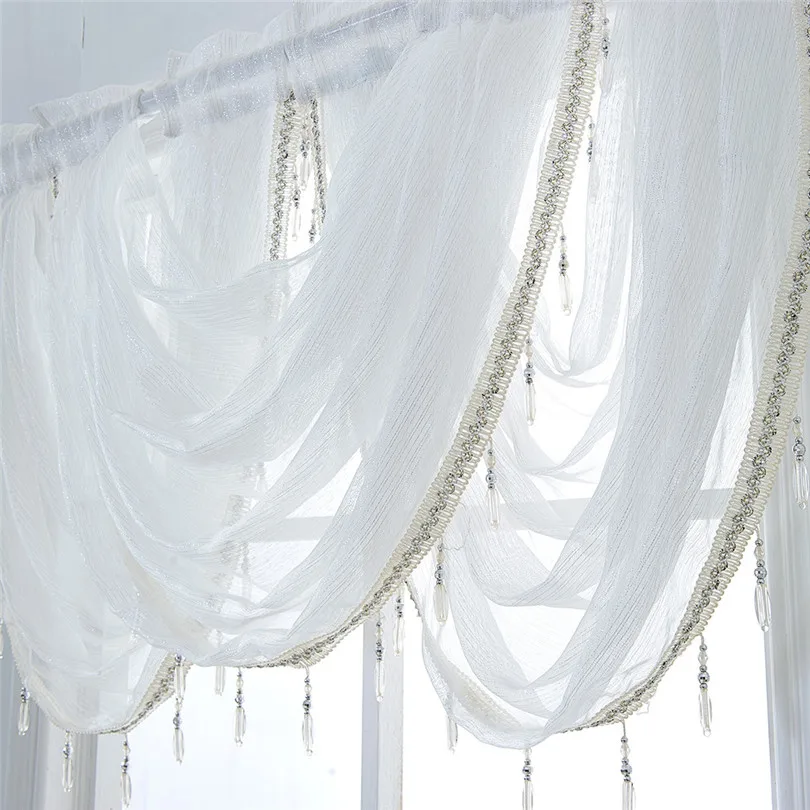 Curtain Window Valance Luxury White Diamond Sheer Embroidered Waterfall Window Valance Tassel Trim 2019 new #3M13 (1)