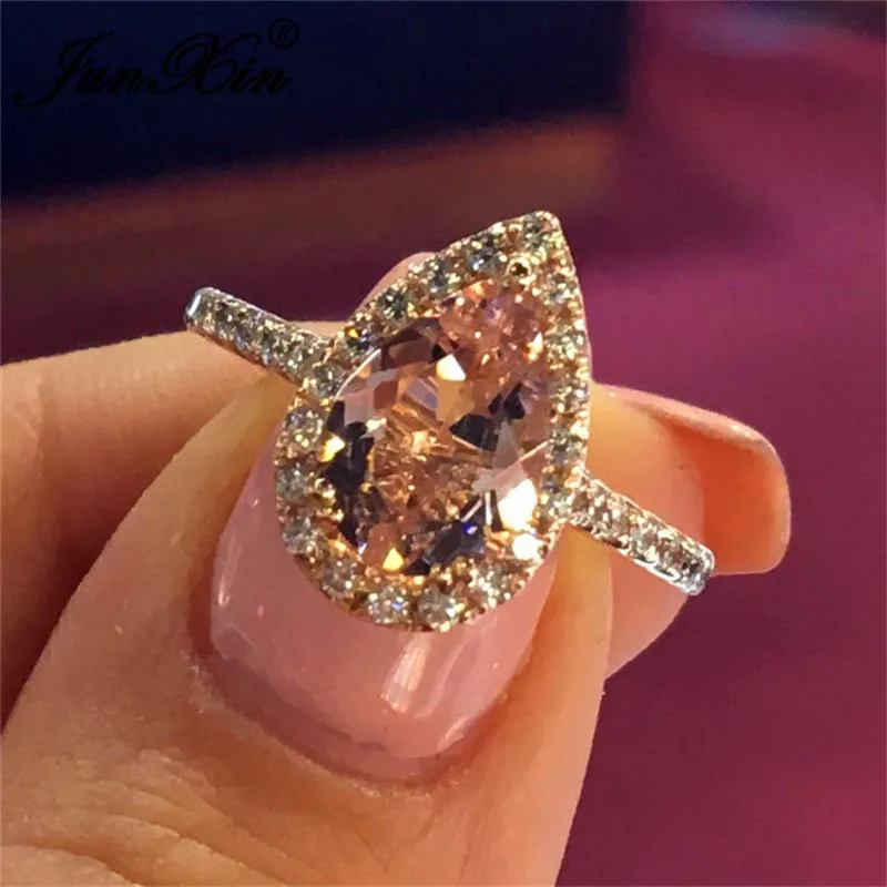 

JUNXIN Pear Cut Pink Stone Engagement Ring For Women Rose Gold Filled Boho Female aaa Zircon Crystal Thin Wedding Ring Jewelry