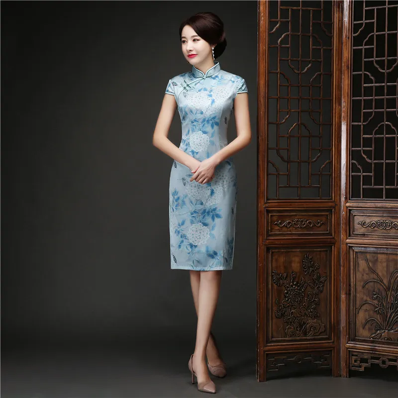 Китайские традиционные Стиль Cheongsam элегантный женские ручной работы и пуговицы платье воротник-стойка сексуальная длина до колена платье