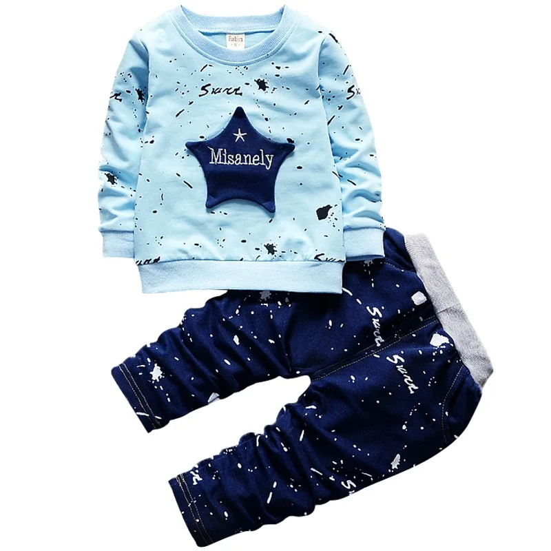 НОВЫЕ комплекты одежды для мальчиков весенне-осенние комплекты для маленьких детей хлопковые спортивные костюмы со звездами для мальчиков, детские костюмы футболка с длинным рукавом+ штаны - Цвет: blue