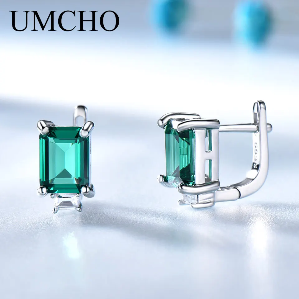 UMCHO Solid 925 Sterling Silver Clip Earrings for Women Luxury Emerald Green Gemstone Jewelry Princess Cut May Birthstone Gift