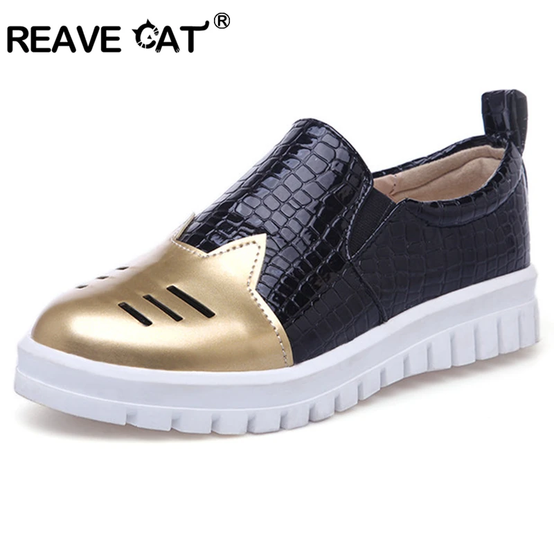 

REAVE CAT Women Flats shoes Loafers Spring Autumn Big Size 34-43 Round Toe Safety Comfortable Casual shoes Mixed Colors Silver