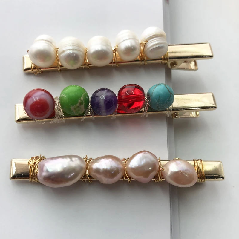 

2019 KBJW Original Fashion Elegant Genuine Pearl Hair Clip Nature Stone Beads Gold Color Plated Handmade Hair Pin Accessories