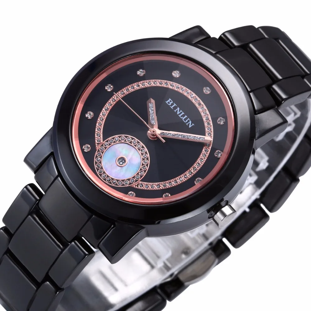 BINLUN Роскошные мужские часы, модные часы с бриллиантами и календарем, черные, розовые, белые, розовые, повседневные водонепроницаемые кварцевые керамические часы для подарка