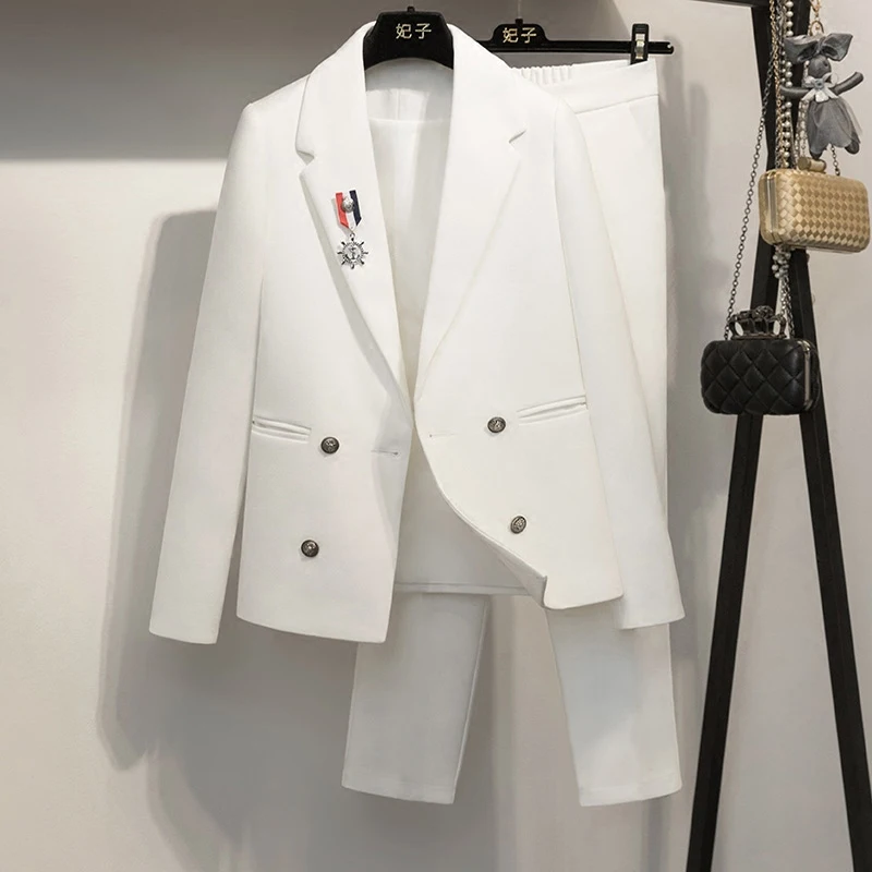 

2018 Business Women's Pencil Pants Set 2 Set White Solid Blazer + Pencil Pants Office Women's Set
