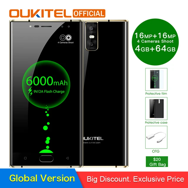 Special Price OUKITEL K3 Quad Camera Smartphone 5.5" FHD Android 7.0 MTK6750T Octa Core 4G RAM 64G ROM 6000mAh Fingerprint Mobile Phone