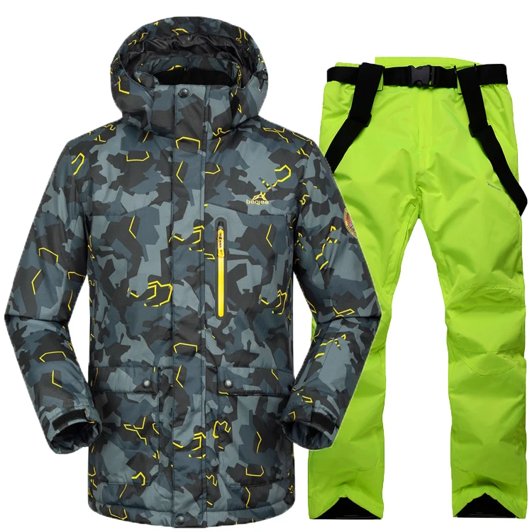 Мужской зимний лыжный костюм, комплекты для сноубординга, высокое качество, Термальный водонепроницаемый, для альпинизма, кемпинга, пальто с капюшоном, камуфляжный костюм с принтом, h290