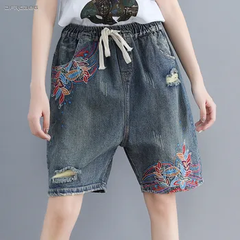 

Loose Women's Denim Knee Length Short Pants Summer 2019 Fashion Elastic Waist Casual Vintage Embroidery Capris Jeans Femme
