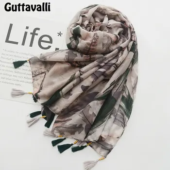 

Guttavalli Women Coffee Feathers Tassels Long Shawl Female Cotton Wood Beads Scarf Bohemia Fashion Animals Chevron Soft Scarves