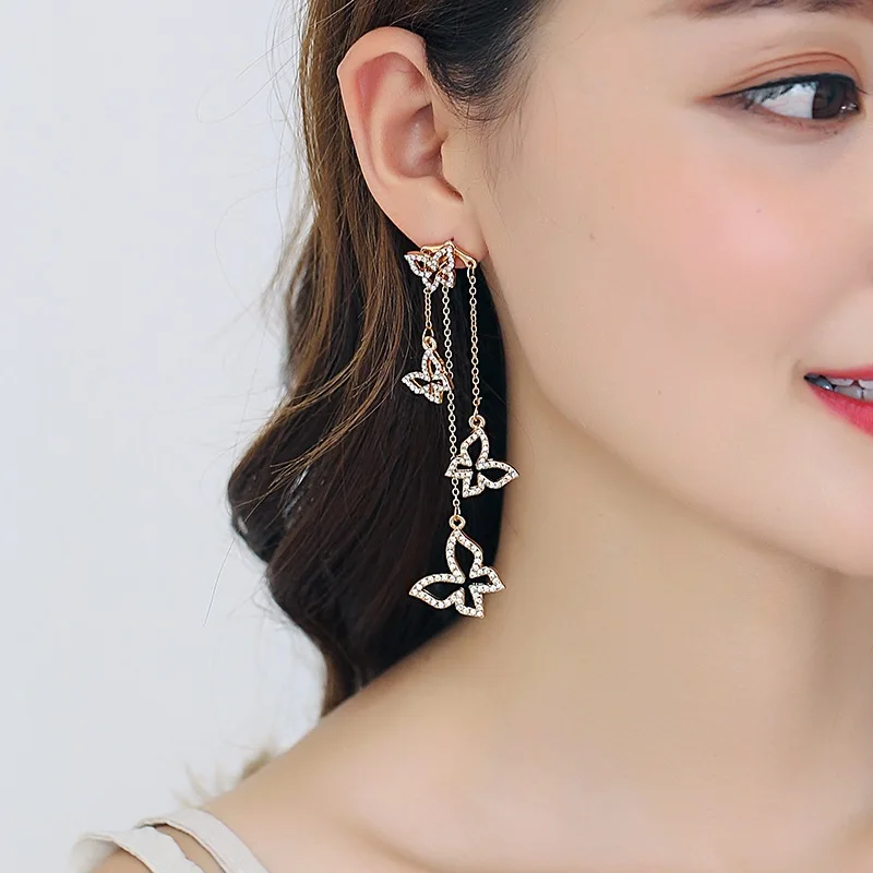 

MOONROCY Tassels Earring Long CZ Heart Butterfly Jewelry Wholesale Rose Gold / Silver Color Earrings Hollow Jewelry Gift