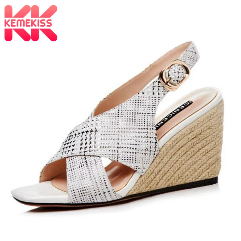 

KemeKiss Young Office Ladies Real Leather Fashion Simple Sandals Wedges Buckle Daily High Heel Shoes Women Gladiator Size 34-39