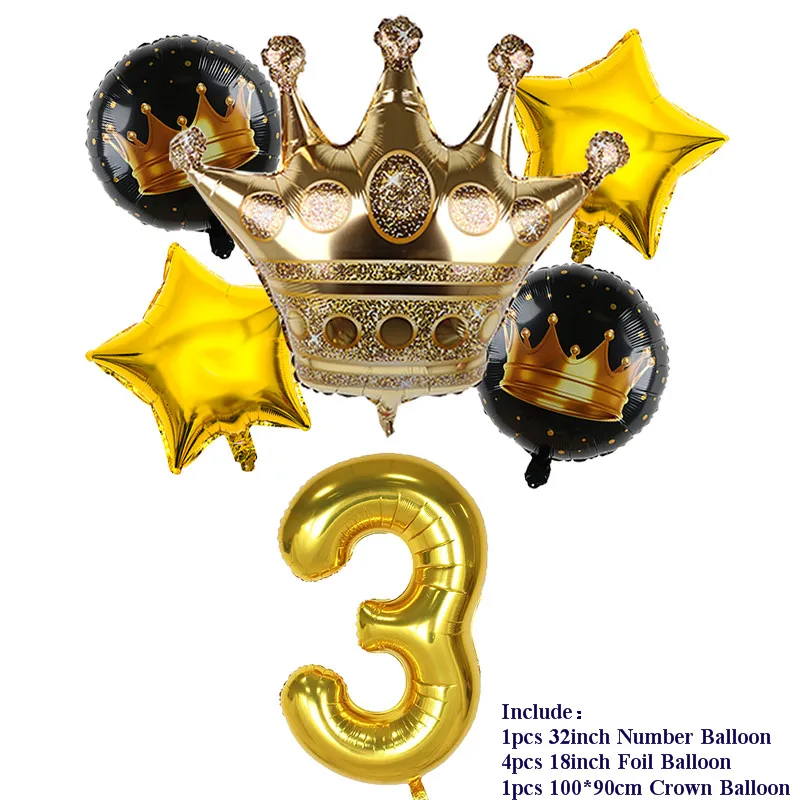 6pcs 32inch Number Foil Balloons 1 2 3 4 5 Years Old Kid Boys Girls Gold Crown Happy Birthday Balloon Baby Shower Decor Supplies