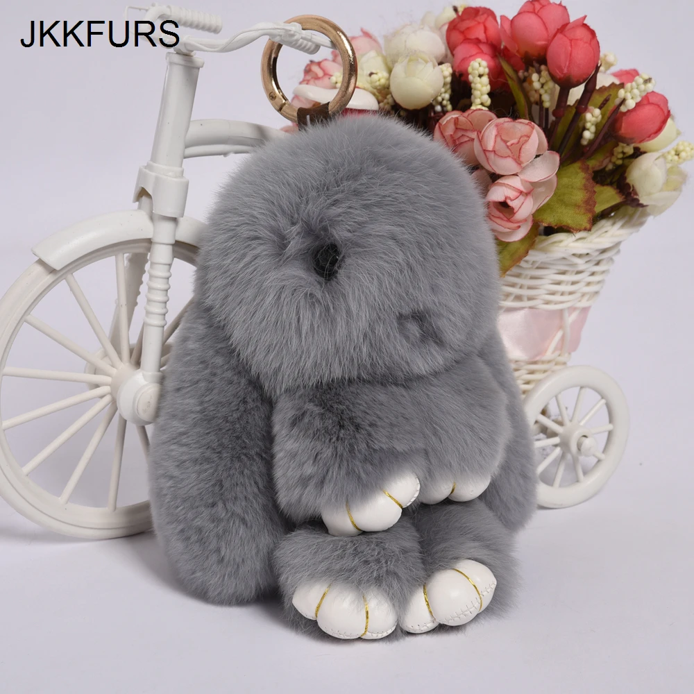 

JKKFURS 2019 New Arrival 18cm Real Rex Rabbit Fur Key Chains Women Lovely Keyring Large Thick Fur S1567
