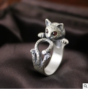 

Fashion Retro Jewelry Thia Silver Cute Cat 925 Sterling Silver Adjustable Size Unique Vintage Rings for Women Gift Wholesale