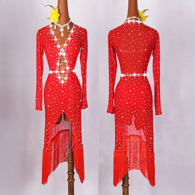 

Shiny Rhinestone Latin Dance Dress Female High-end Custom Red Elastic Mesh Gauze Sexy Rumba Latin Dresses Women Dance Clothes