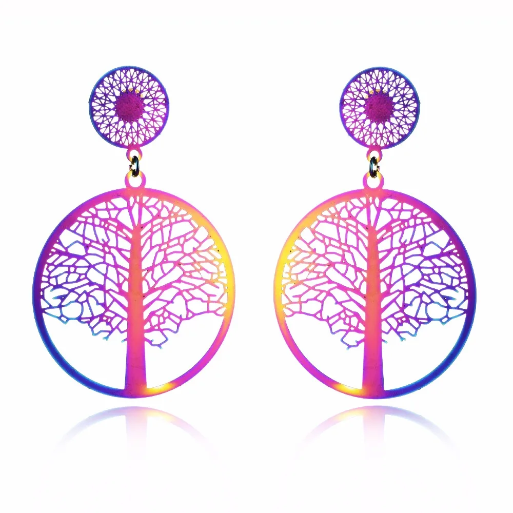 

LPHZQH 2018 New Design Colorful Stainless Steel Tree Of Life Hanging Earrings Hollow Round Pending Earring For Women Jewelry