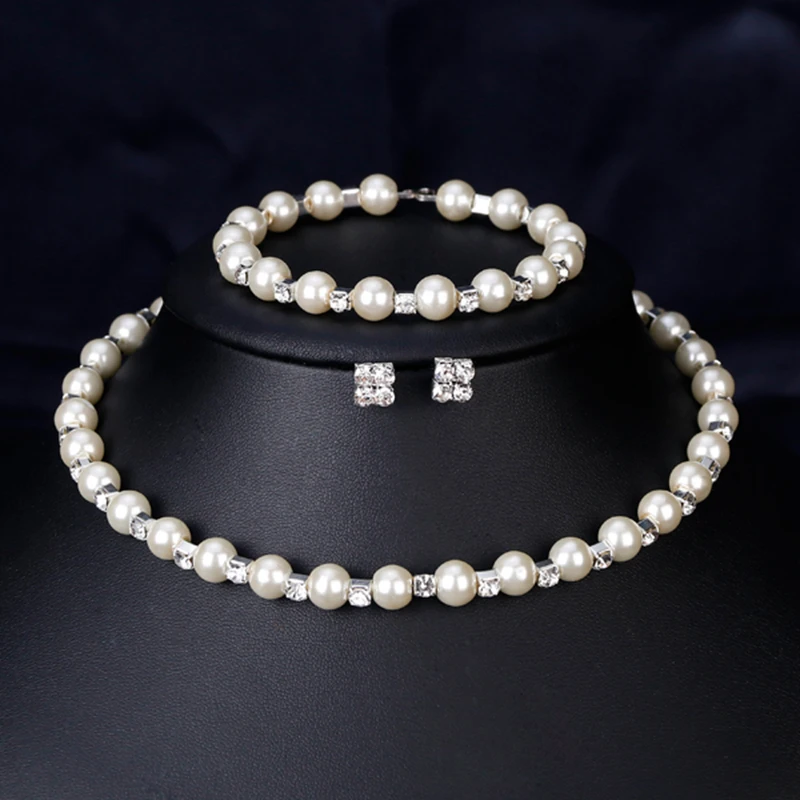 Cream Faux Pearl Bridal Jewelry Necklace Set with Bracelet