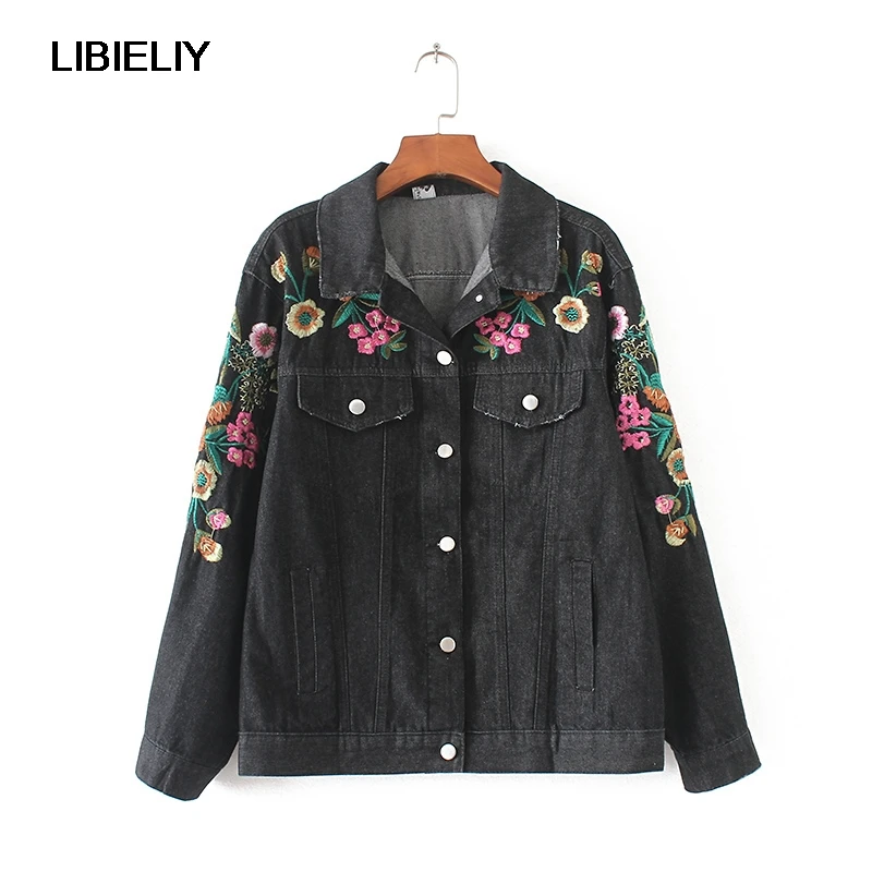 Embroidery Black Denim Jackets Women Nice Spring And Autumn Turn down Collar Long Sleeve Jackets