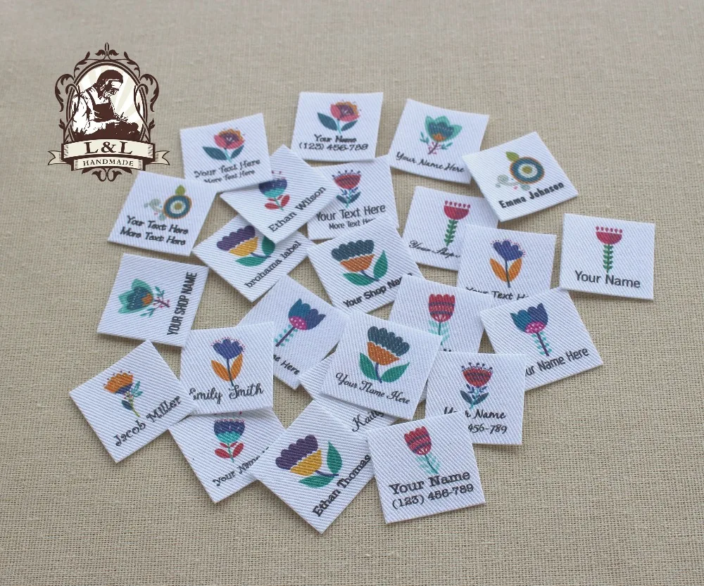 

96 Custom logo labels,children's clothing tags, Name Tags, white organic cotton labels, Cute flowers labels, free post ship