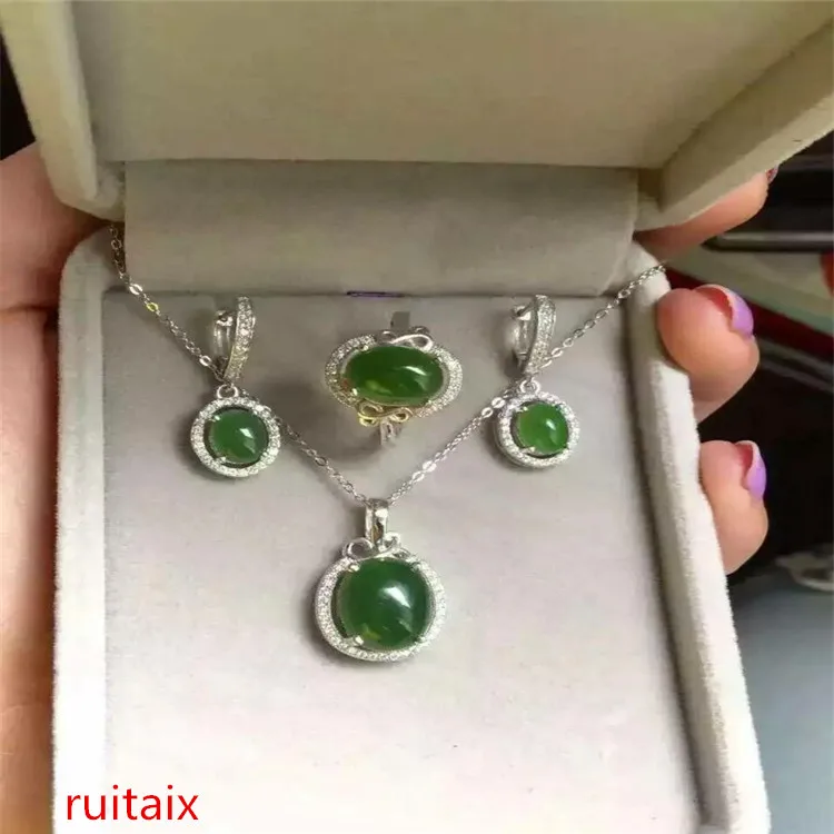 

KJJEAXCMY boutique jewels 925 Pure silver inlay natural green jade medulla ring + pendant set inlay diamond vine sunflowers