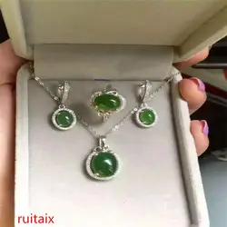 KJJEAXCMY бутик Драгоценности 925 чистого серебра декор натуральный зеленый нефрит мозга Кольцо + кулон набор алмазной инкрустацией лоза