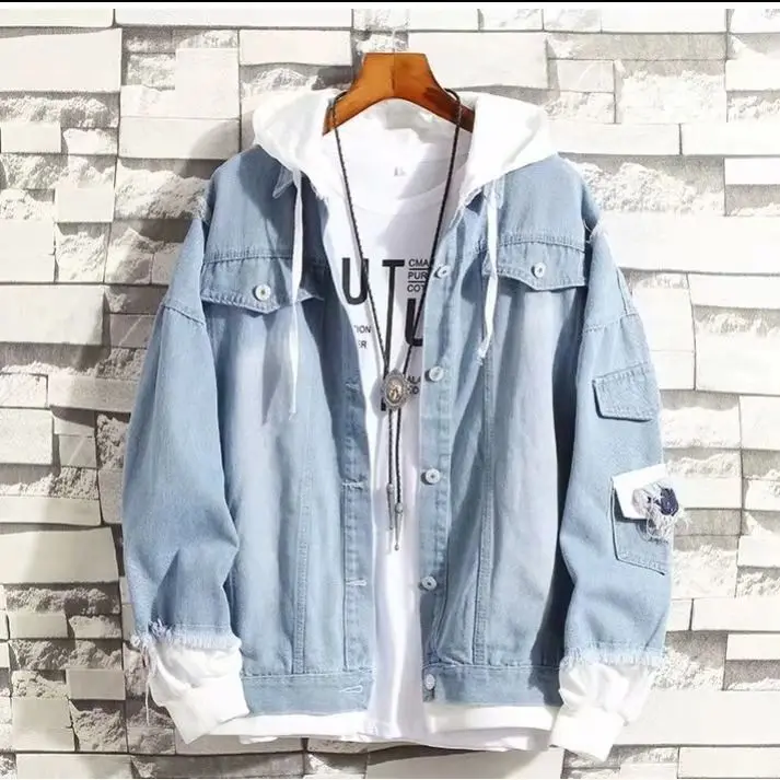 Spring New Hooded Denim Jacket Men Fashion Fake Two Pieces Of Streetwear Bomber Jacket and Coat Man Cowboy Clothes Male S-3XL