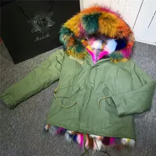 Colorful Mrs multi real fox fur coats women winter thick outwear warm jacket Raccoon dog fur collar hooded parka
