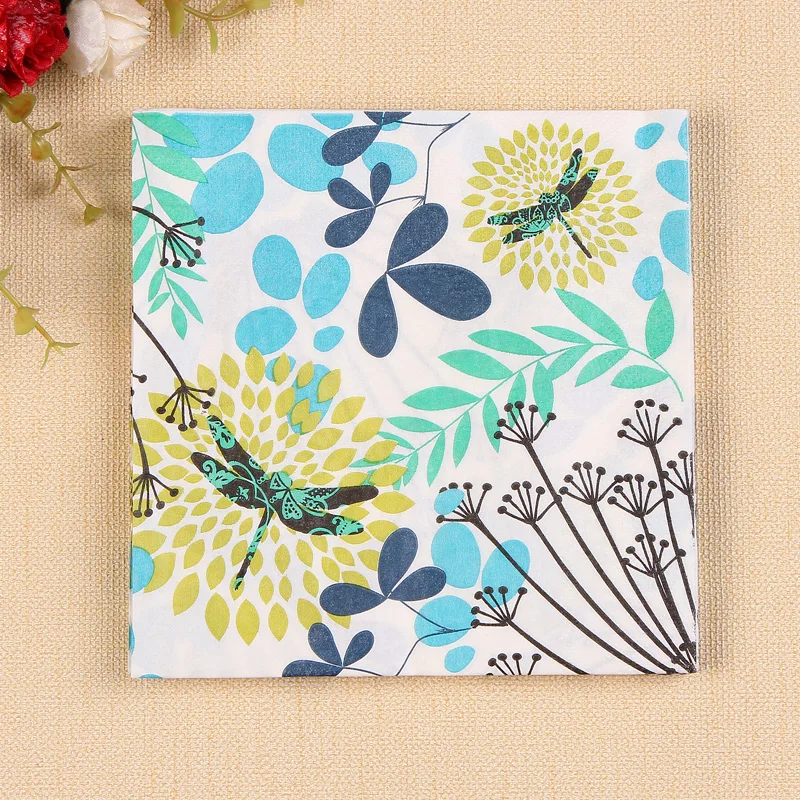 20 wholesale vintage table paper napkins tissue patterned dragefly leaves blue golden decoupage