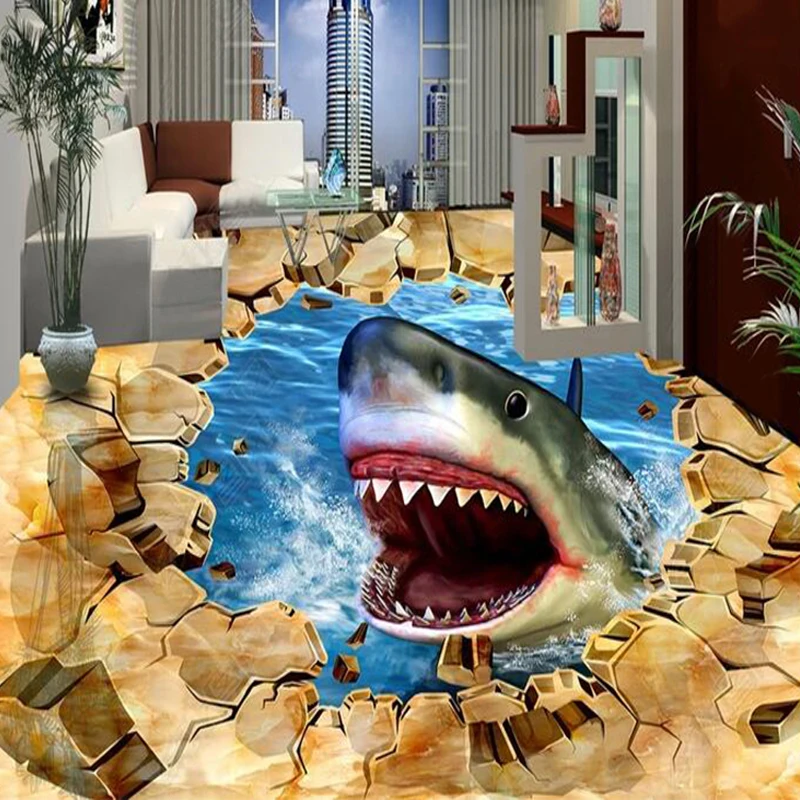 Custom 3D Floor Mural Wallpaper Stereo Shark Living Room Bazaar PVC Self Adhesive Waterproof Cartoon Floor Sticker 3D Wall Paper custom custom cardboard promotion products corrugated floor displays rack advertising paper cardboard retail display stand she