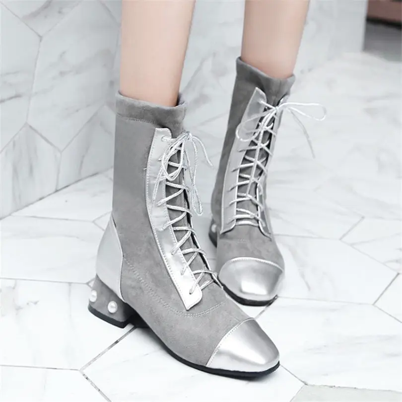 

NAYIDUYUN Women Shoes Lace Up Patent Leather Warm Riding Boots High Top Low Heel Party Punk Pumps Shoes Square Toe Sneakers