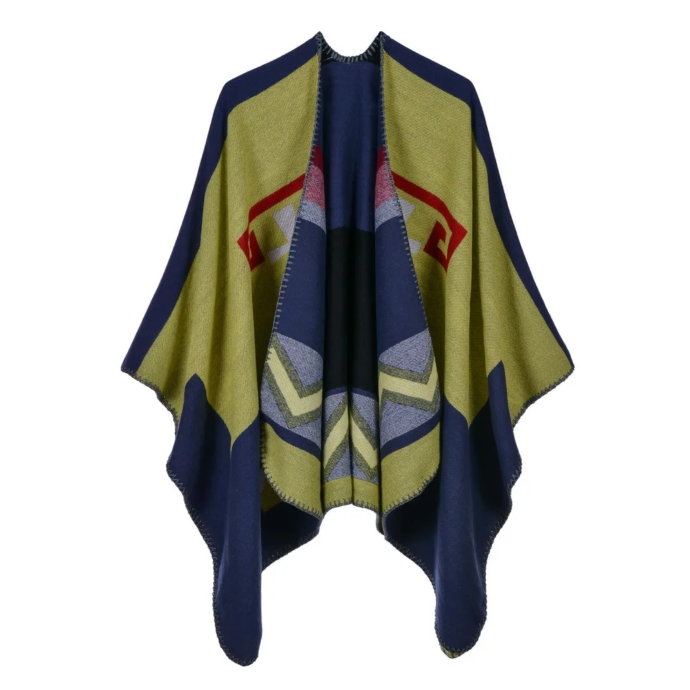 

Geometric Colour Matching Ponchos Cashmere Scarves Women Winter Warm Shawls and Wraps Brand Designer Pashmina Thick Capes Femme