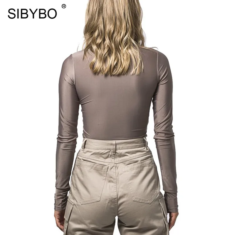 Sibybo الياقة المدورة القطن عارضة ارتداءها النساء الربيع سستة طويلة الأكمام النساء السروال القصير عالية الرقبة نحيل السيدات داخلية