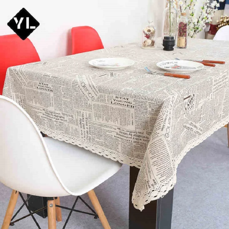 British Style Newspaper Cotton Linen Printed Lace Tablecloth For