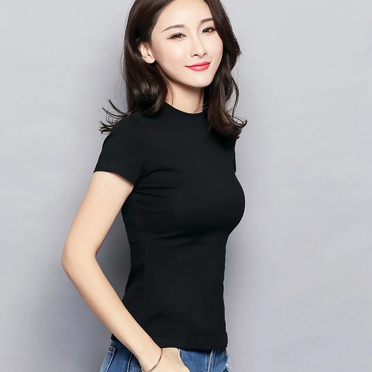 

MRMT 2019 Brand New Women's Sexy T Shirt Half High Collar Solid Color Short-sleeved Women T-shirt for Female Tops Tshirt