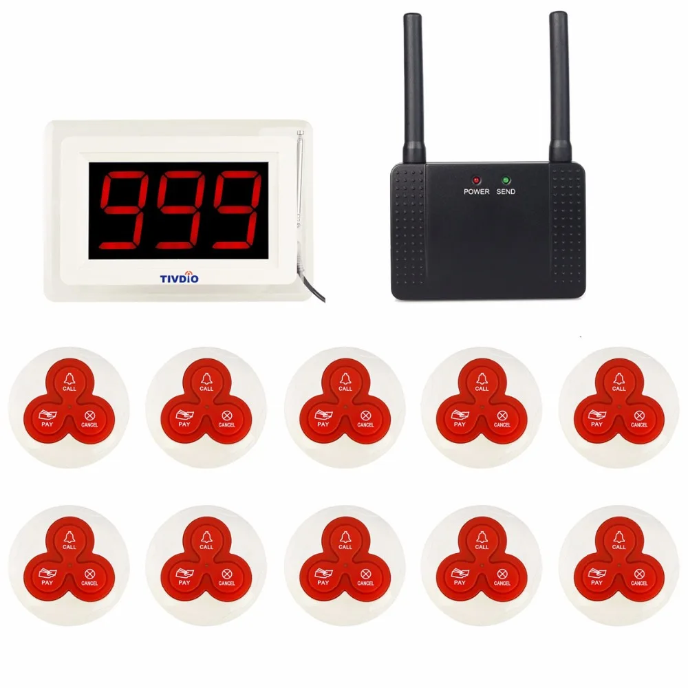 

TIVDIO Wireless Restaurant Calling Paging System 2 Receiver Display Host+10 Call Pager +1 Repeater Signal Amplifier 433MHz F9405