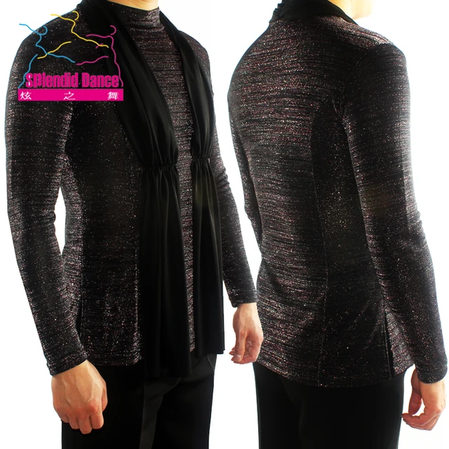 customized Fantasia Latin Dance Tops Black Long Sleeve high quality stretch Shirt New Men Ballroom Competitive Shirts -