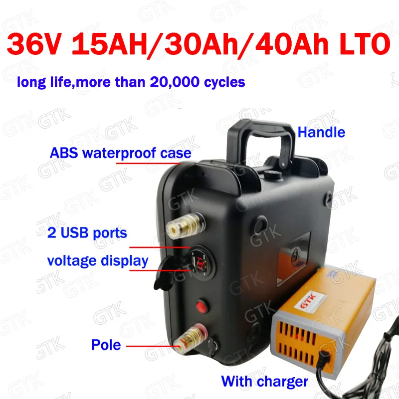 

GTK LTO 36V 15AH Lithium titanate 36V 30Ah 40Ah 60Ah for 1500W 750W bike scooter bicycle backup power Photovoltaic +5A charger