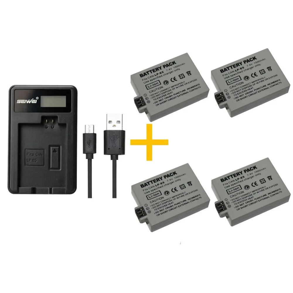 4 pcs 1500mAh LP E5 LPE5 Battery With Single Battery Charger for Canon