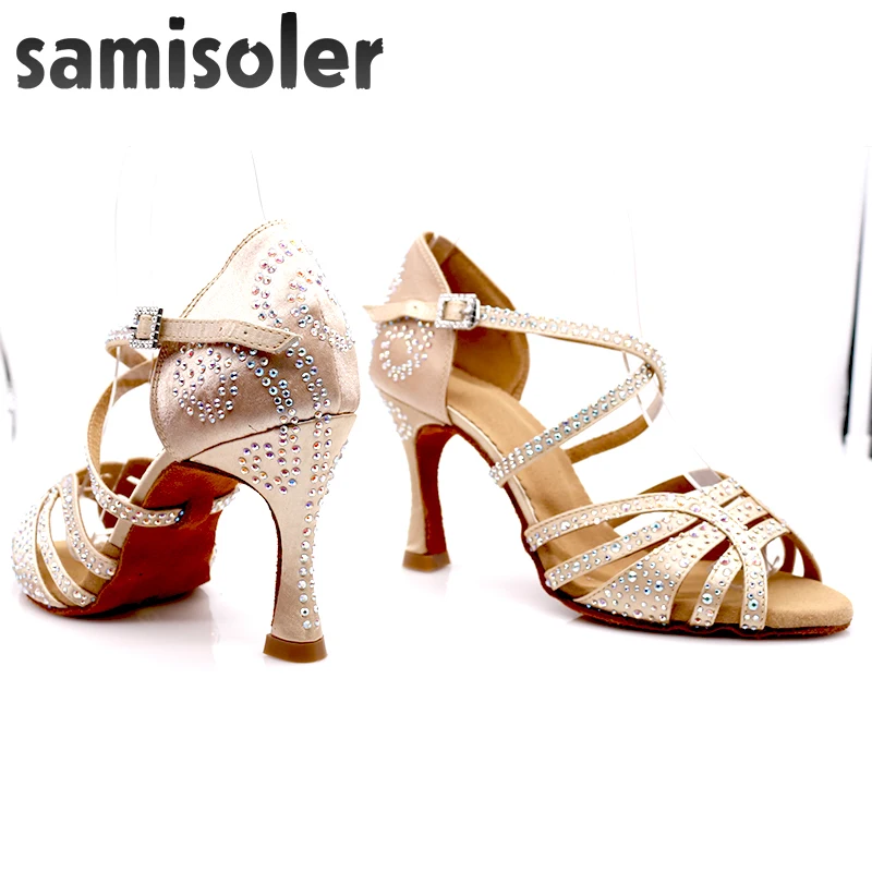 Samisoler черного цвета со стразами; Обувь для бальных танцев женские Сальса Танцевальная обувь для женщин профессиональный Танго, латина фасон туфель Обувь на высоком каблуке
