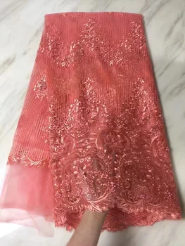 

2018 Peach french lace embroidered tulle lace with 3 d flowers beaded nigerian Guipure lace fabrics for wedding dress