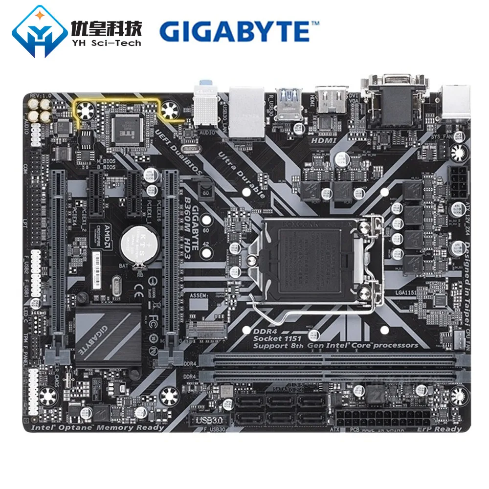 

Original Used Desktop Motherboard Gigabyte B360M HD3 LGA 1151 Core i7/i5/i3/Pentium/Celeron DDR4 32G SATA3 Micro ATX
