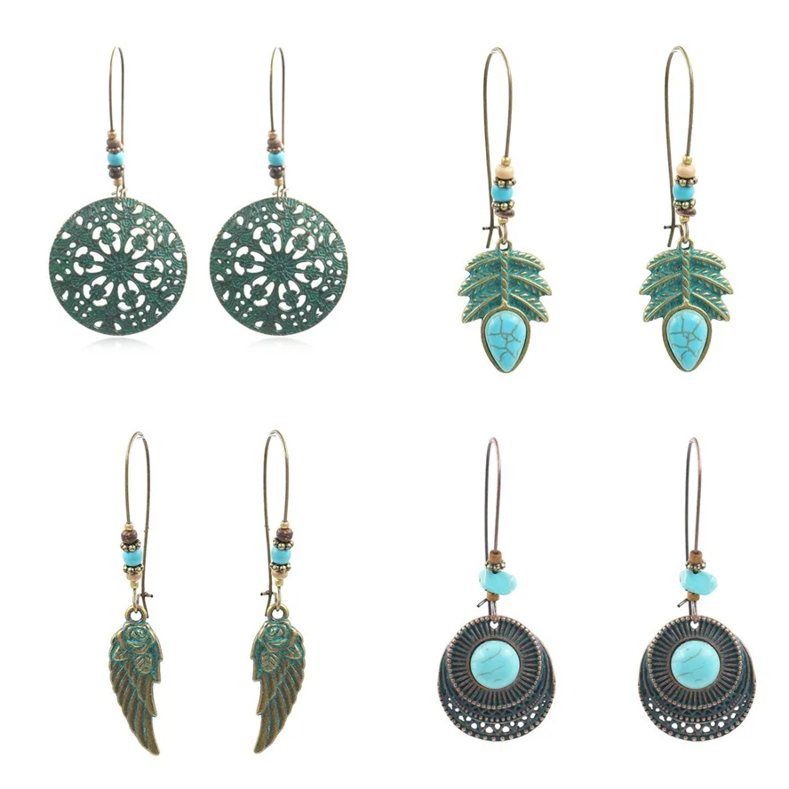 

Multiple Flower Leaf Wing Sun Spiral Vintage Green Alloy Hanging Dangle Drop Earrings for Women Jewelry Accessories best gift