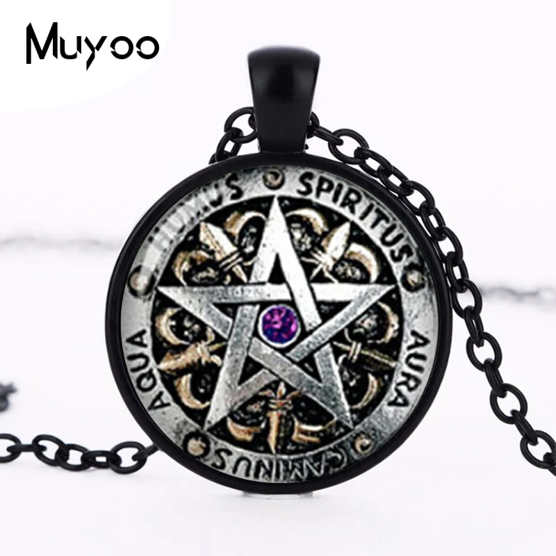 Steampunk Fashion Wiccan Collana Black Magick Pagan Pentagram Pendant Round Glass Dome Regalo Donna Uomo Catena Antica Hz1