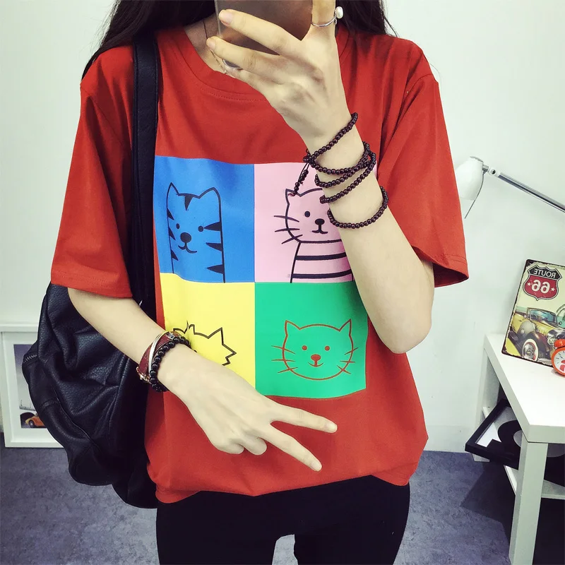 Harajuku Новая женская футболка Kawaii с рисунком кошки летняя коротким рукавом для