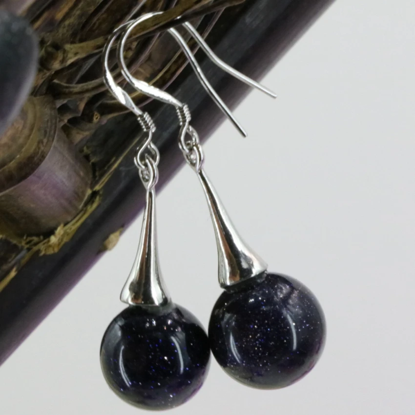 

Charms dangle earrings natural 12mm blue sandstone natural stone round beads eardrop for women elegant gifts diy jewelry B3245