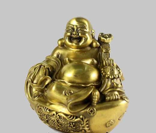 

6" China Bronze Buddhism Happy Maitreya Buddha Sit Hand Hold Ruyi Statue decoration bronze factory outlets